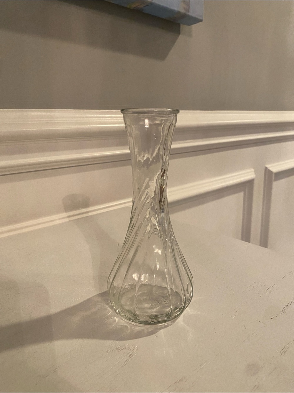 Vintage Hoosier Glass milk glass bud vase featuring a ribbed, fluted pattern.
